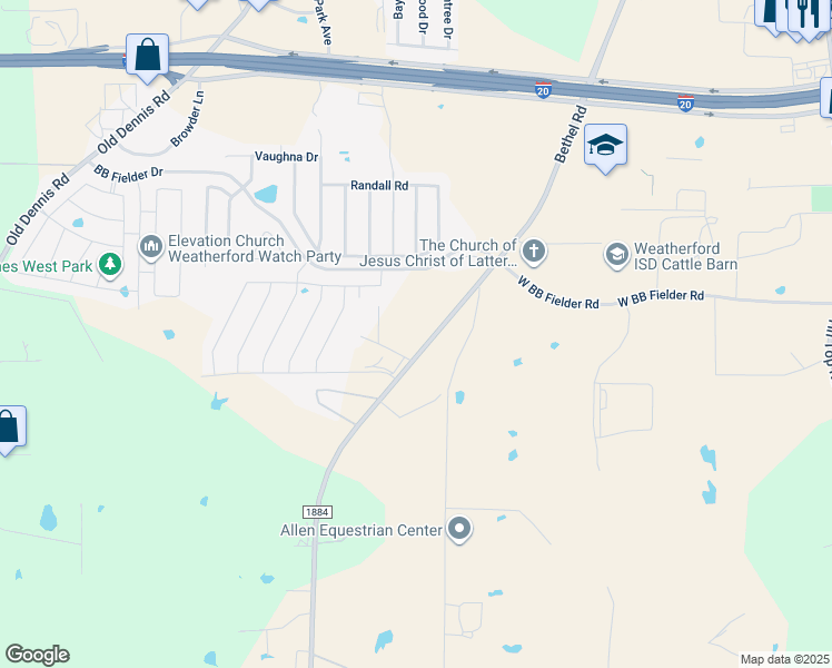 map of restaurants, bars, coffee shops, grocery stores, and more near 2552 Bethel Road in Weatherford