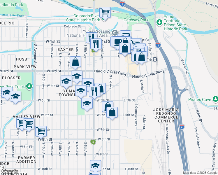 map of restaurants, bars, coffee shops, grocery stores, and more near 408 South 2nd Avenue in Yuma