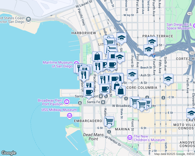 map of restaurants, bars, coffee shops, grocery stores, and more near 1345 Pacific Highway in San Diego