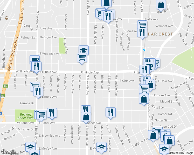 map of restaurants, bars, coffee shops, grocery stores, and more near 2322 Maryland Avenue in Dallas