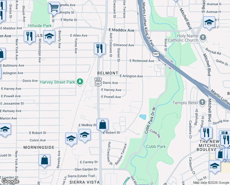 map of restaurants, bars, coffee shops, grocery stores, and more near 1712 East Harvey Avenue in Fort Worth