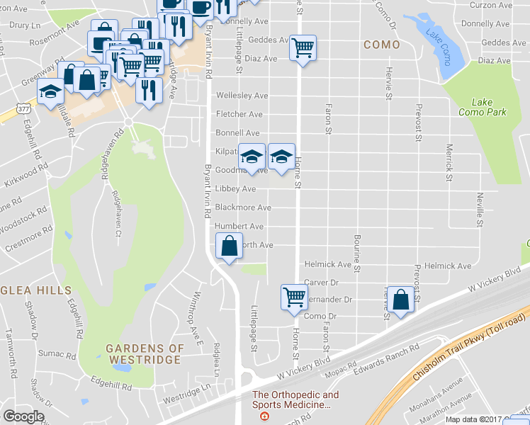 map of restaurants, bars, coffee shops, grocery stores, and more near 5801 Blackmore Avenue in Fort Worth