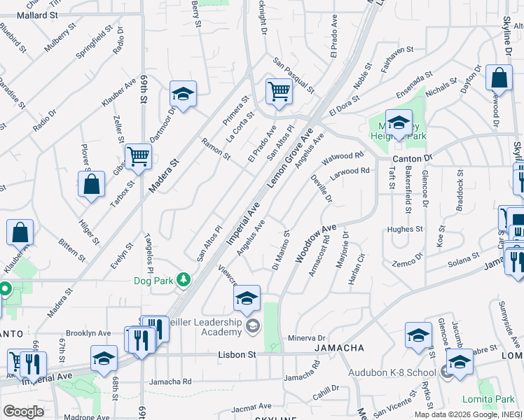 map of restaurants, bars, coffee shops, grocery stores, and more near 1102 Angelus Ave in San Diego