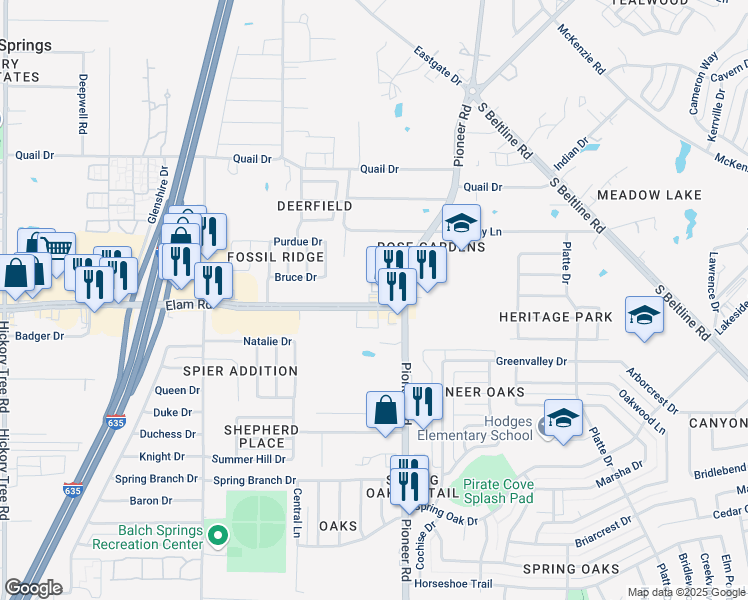 map of restaurants, bars, coffee shops, grocery stores, and more near 12921 Elam Road in Balch Springs