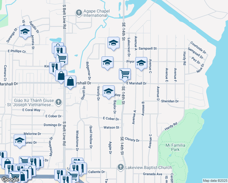 map of restaurants, bars, coffee shops, grocery stores, and more near 1212 East Coral Way in Grand Prairie
