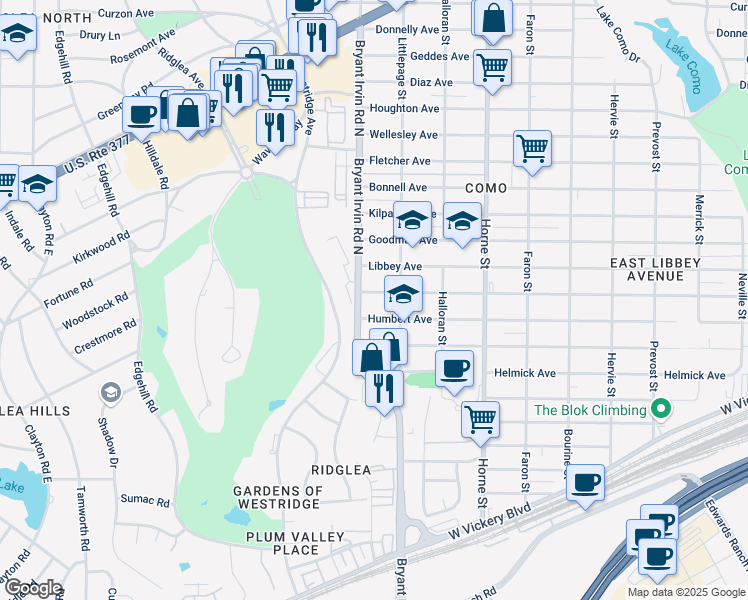 map of restaurants, bars, coffee shops, grocery stores, and more near 5929 Blackmore Avenue in Fort Worth