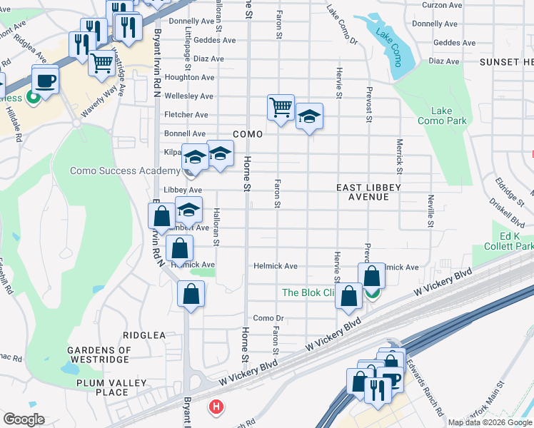 map of restaurants, bars, coffee shops, grocery stores, and more near 5615 Blackmore Avenue in Fort Worth
