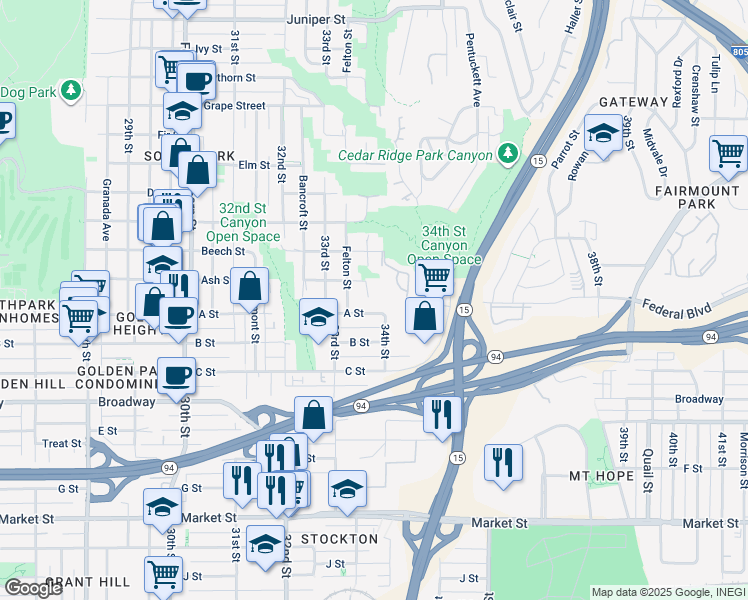 map of restaurants, bars, coffee shops, grocery stores, and more near 1317 Gregory Street in San Diego