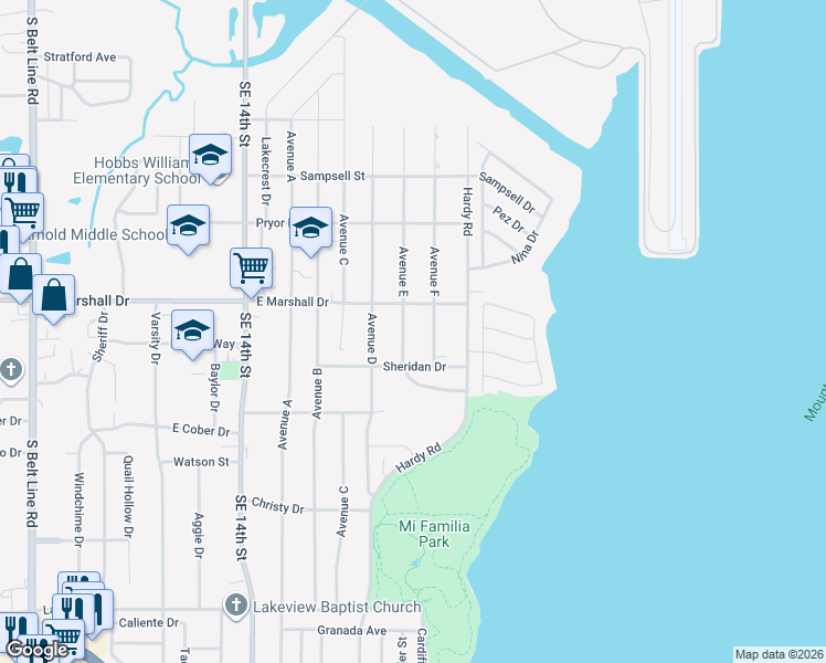 map of restaurants, bars, coffee shops, grocery stores, and more near 1818 Avenue East in Grand Prairie