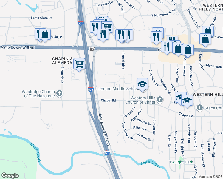 map of restaurants, bars, coffee shops, grocery stores, and more near 9100 Windswept Drive in Fort Worth