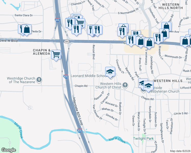 map of restaurants, bars, coffee shops, grocery stores, and more near 3617 Renzel Blvd in Fort Worth