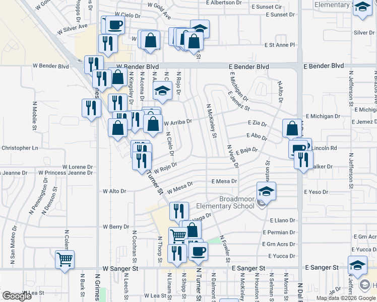 map of restaurants, bars, coffee shops, grocery stores, and more near 1801 North Rojo Drive in Hobbs