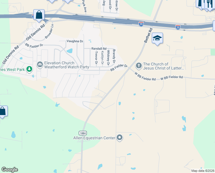 map of restaurants, bars, coffee shops, grocery stores, and more near 2552 Bethel Road in Weatherford