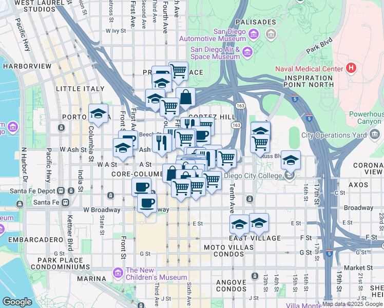 map of restaurants, bars, coffee shops, grocery stores, and more near 1359 Sixth Avenue in San Diego