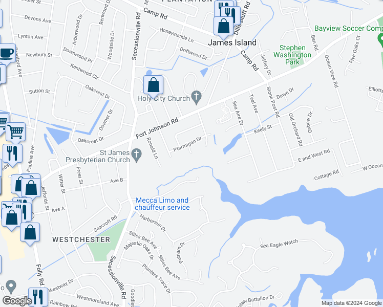 map of restaurants, bars, coffee shops, grocery stores, and more near 1298 Chuka Court in Charleston