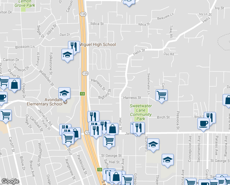 map of restaurants, bars, coffee shops, grocery stores, and more near 8728 Harness Street in Spring Valley
