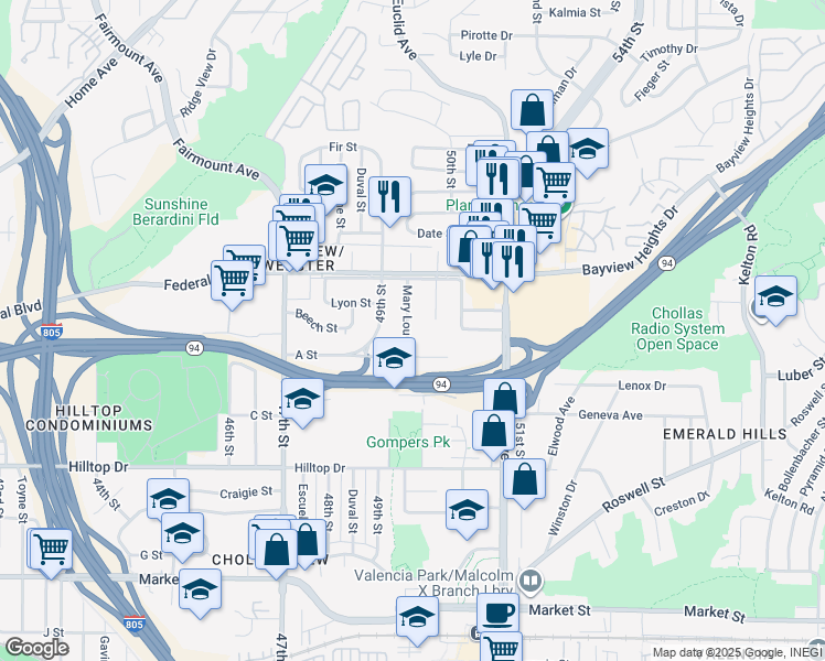 map of restaurants, bars, coffee shops, grocery stores, and more near 1441 Mary Lou Street in San Diego