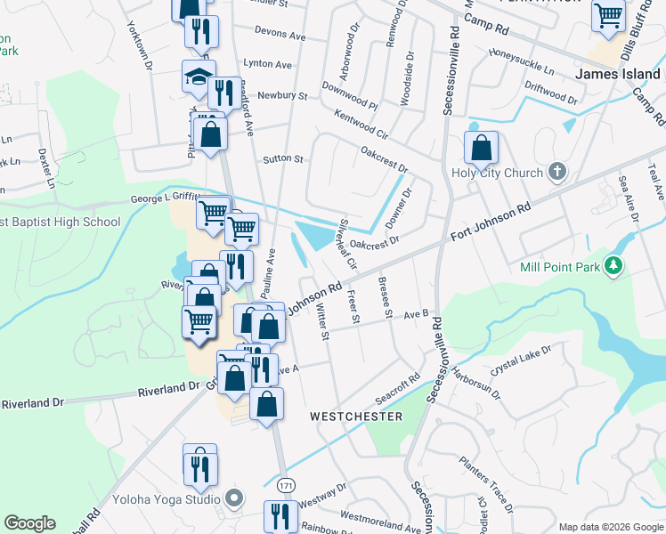 map of restaurants, bars, coffee shops, grocery stores, and more near 1530 Fort Johnson Road in Charleston