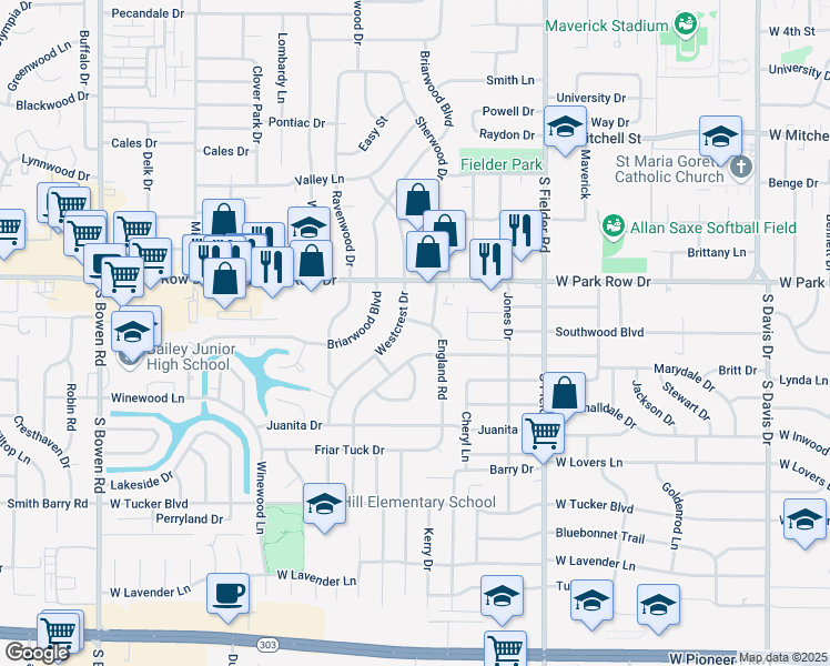 map of restaurants, bars, coffee shops, grocery stores, and more near 1602 England Road in Arlington