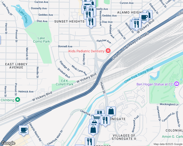 map of restaurants, bars, coffee shops, grocery stores, and more near 4617 Driskell Boulevard in Fort Worth