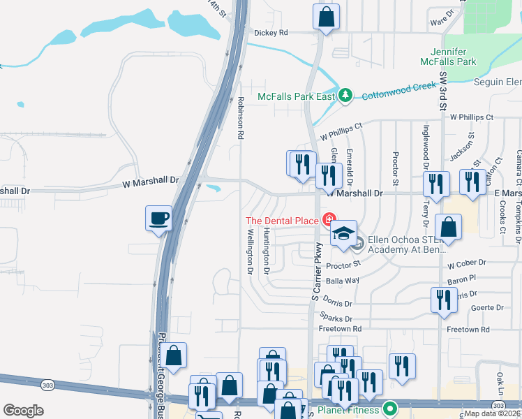 map of restaurants, bars, coffee shops, grocery stores, and more near 1817 Wellington Drive in Grand Prairie