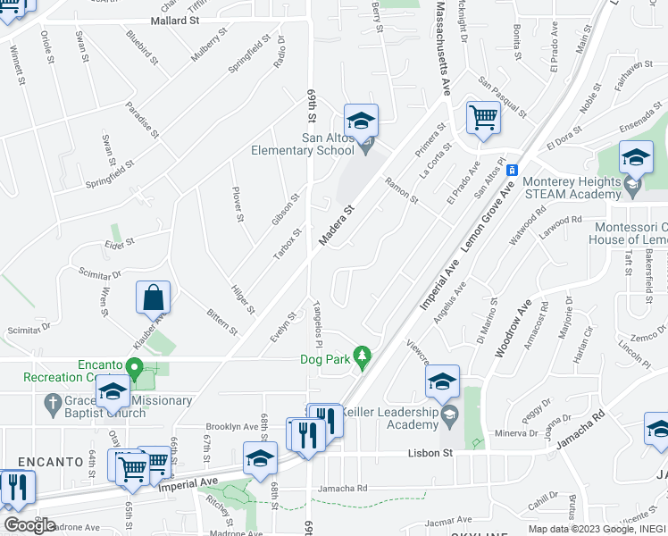 map of restaurants, bars, coffee shops, grocery stores, and more near 1486 La Corta Circle in Lemon Grove