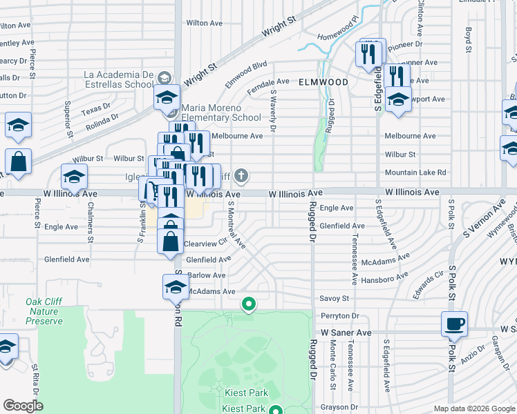 map of restaurants, bars, coffee shops, grocery stores, and more near 1921 Engle Avenue in Dallas