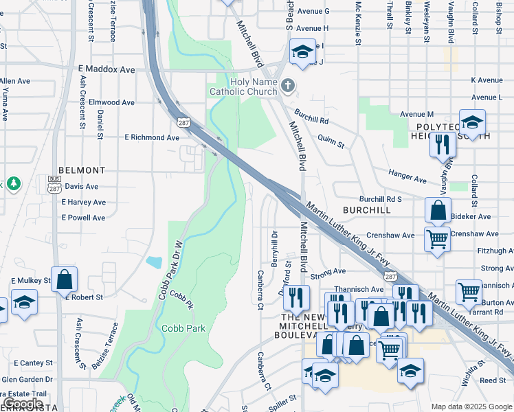 map of restaurants, bars, coffee shops, grocery stores, and more near 2648 Canberra Court in Fort Worth