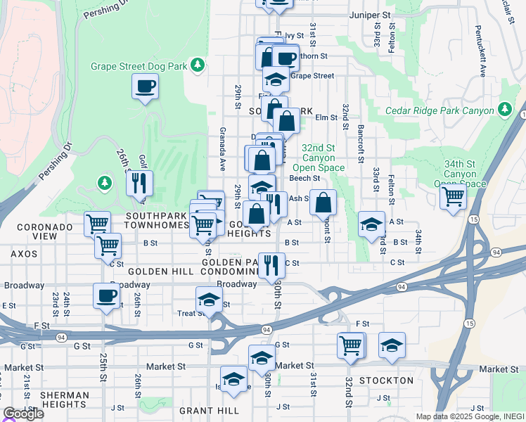 map of restaurants, bars, coffee shops, grocery stores, and more near 3035 Ash Street in San Diego
