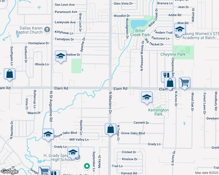 map of restaurants, bars, coffee shops, grocery stores, and more near Elam Rd & N Masters Dr in Dallas