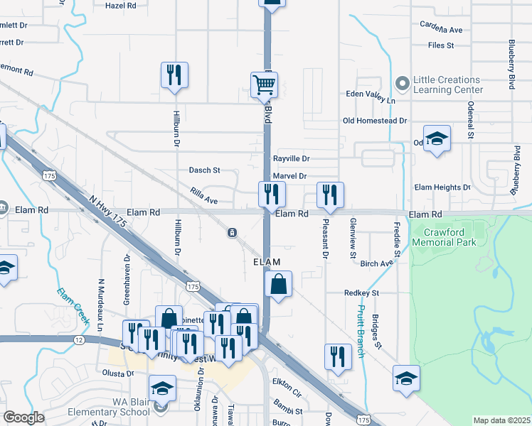 map of restaurants, bars, coffee shops, grocery stores, and more near S Buckner Blvd & Elam Rd in Dallas