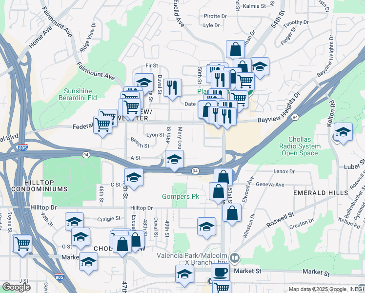 map of restaurants, bars, coffee shops, grocery stores, and more near 1441 Mary Lou Street in San Diego