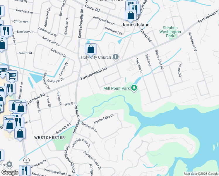 map of restaurants, bars, coffee shops, grocery stores, and more near 1234 Chuka Court in Charleston