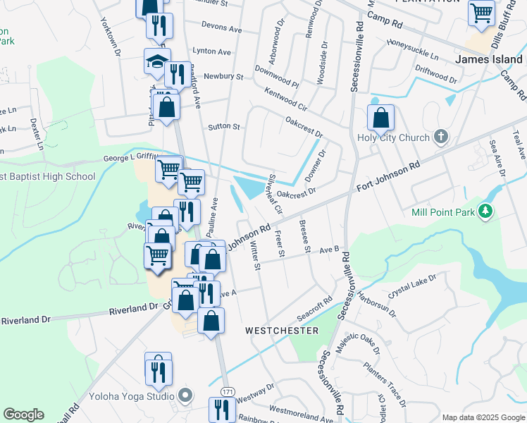 map of restaurants, bars, coffee shops, grocery stores, and more near 1530 Fort Johnson Road in Charleston