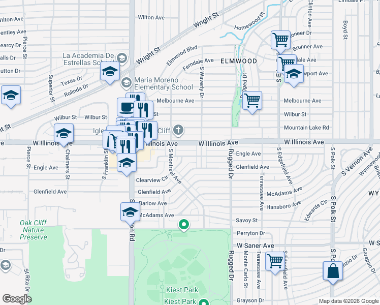 map of restaurants, bars, coffee shops, grocery stores, and more near 1921 Engle Avenue in Dallas