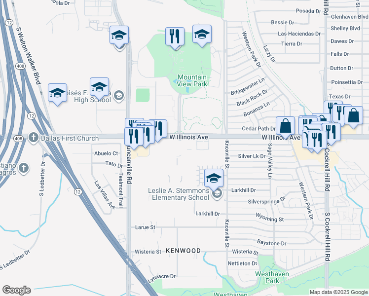 map of restaurants, bars, coffee shops, grocery stores, and more near 4800 West Illinois Avenue in Dallas