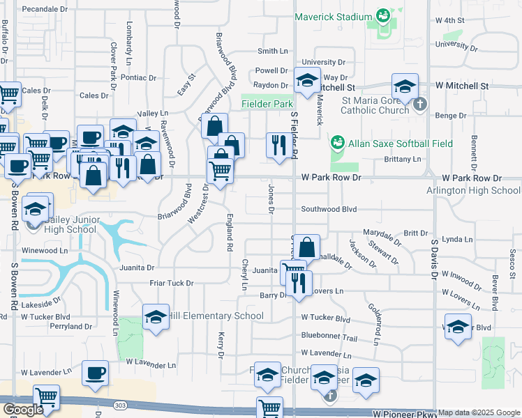 map of restaurants, bars, coffee shops, grocery stores, and more near 1703 Larkspur Drive in Arlington