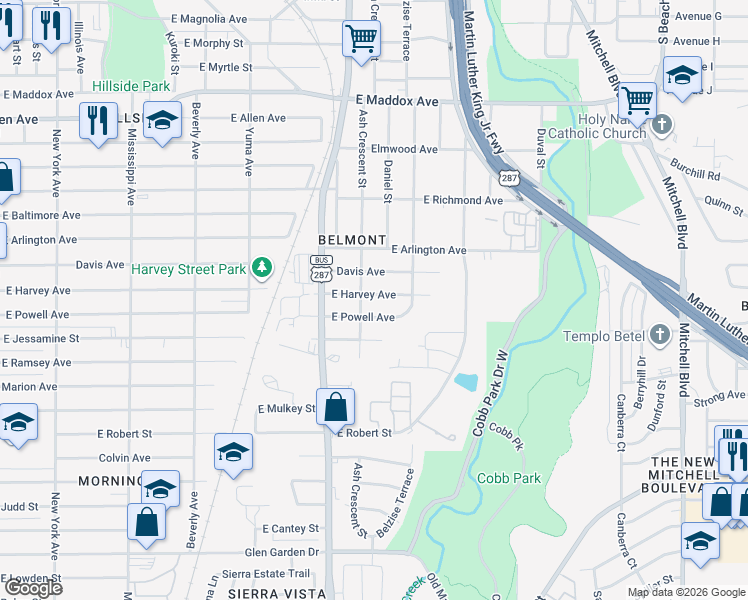 map of restaurants, bars, coffee shops, grocery stores, and more near 1712 East Harvey Avenue in Fort Worth