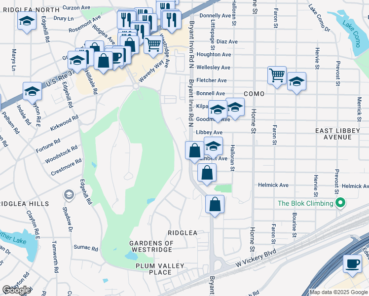 map of restaurants, bars, coffee shops, grocery stores, and more near 4109 Westridge Avenue in Fort Worth