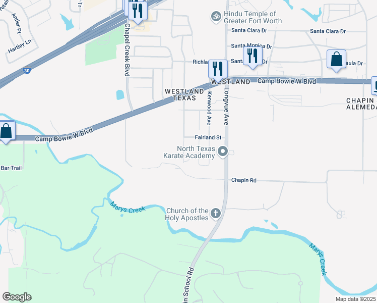 map of restaurants, bars, coffee shops, grocery stores, and more near 3629 Westland Avenue in Fort Worth