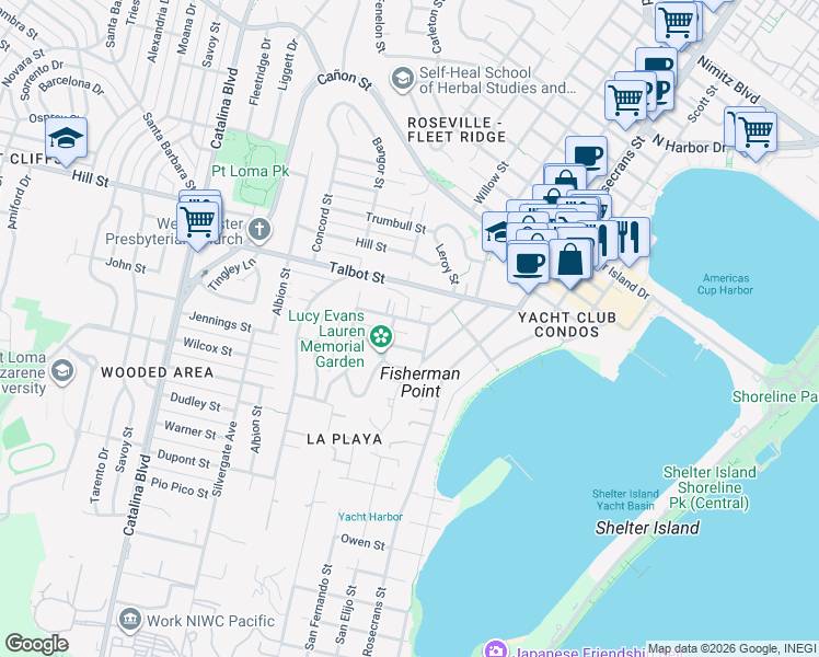 map of restaurants, bars, coffee shops, grocery stores, and more near 3235 Harbor View Drive in San Diego