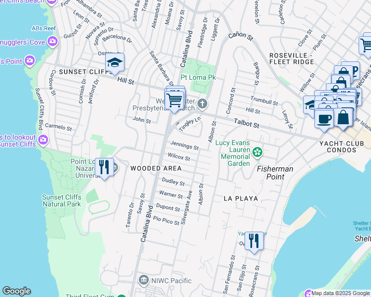 map of restaurants, bars, coffee shops, grocery stores, and more near 3711 Jennings Street in San Diego