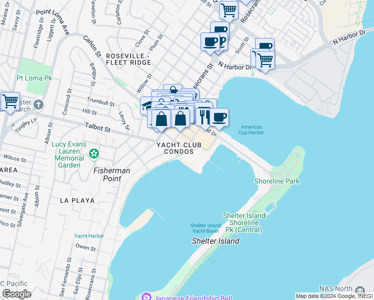 map of restaurants, bars, coffee shops, grocery stores, and more near 1052 Anchorage Lane in San Diego