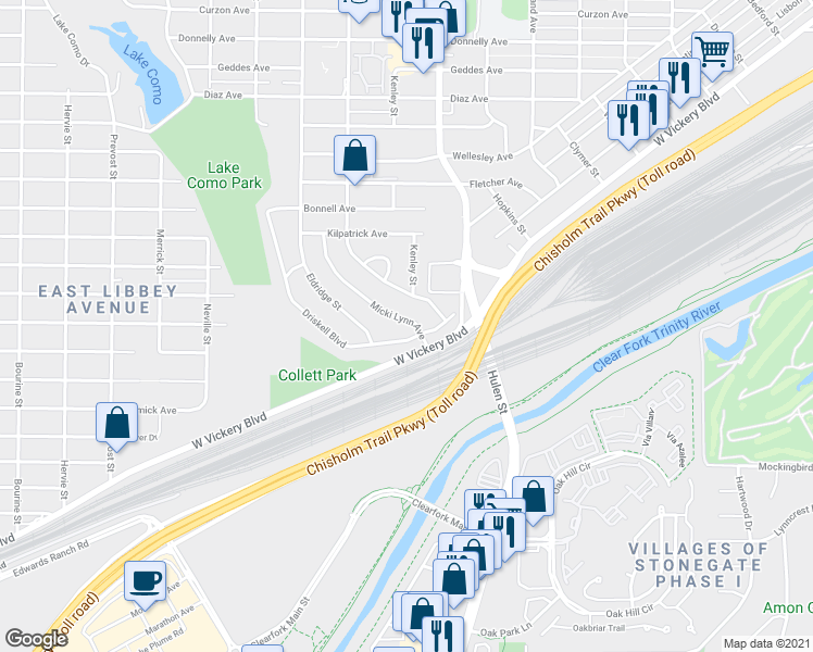 map of restaurants, bars, coffee shops, grocery stores, and more near 4120 Micki Lynn Avenue in Fort Worth