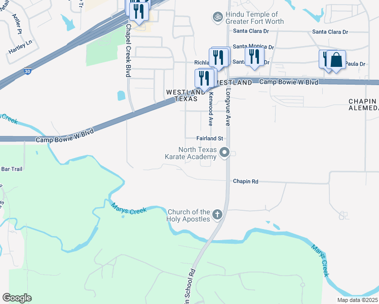 map of restaurants, bars, coffee shops, grocery stores, and more near 3629 Westland Avenue in Fort Worth