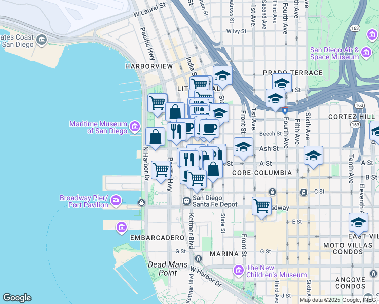 map of restaurants, bars, coffee shops, grocery stores, and more near 1050 Kettner Boulevard in San Diego