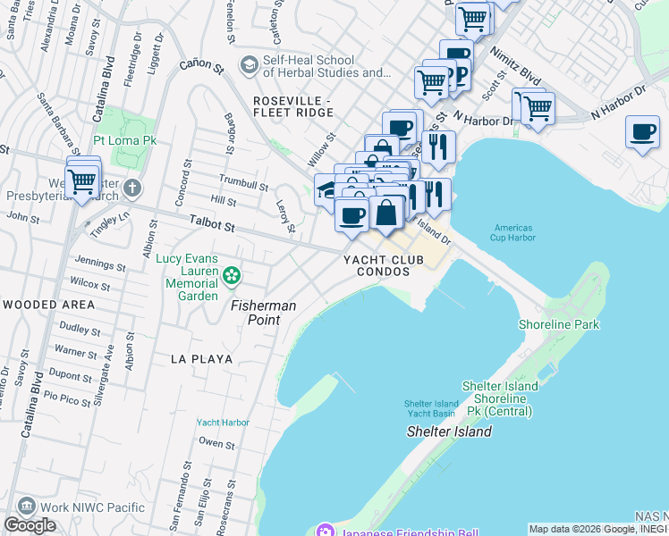 map of restaurants, bars, coffee shops, grocery stores, and more near 965 Rosecrans Street in San Diego