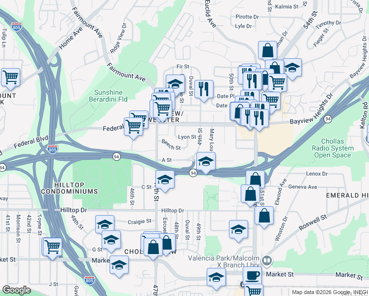map of restaurants, bars, coffee shops, grocery stores, and more near Duval Street in San Diego