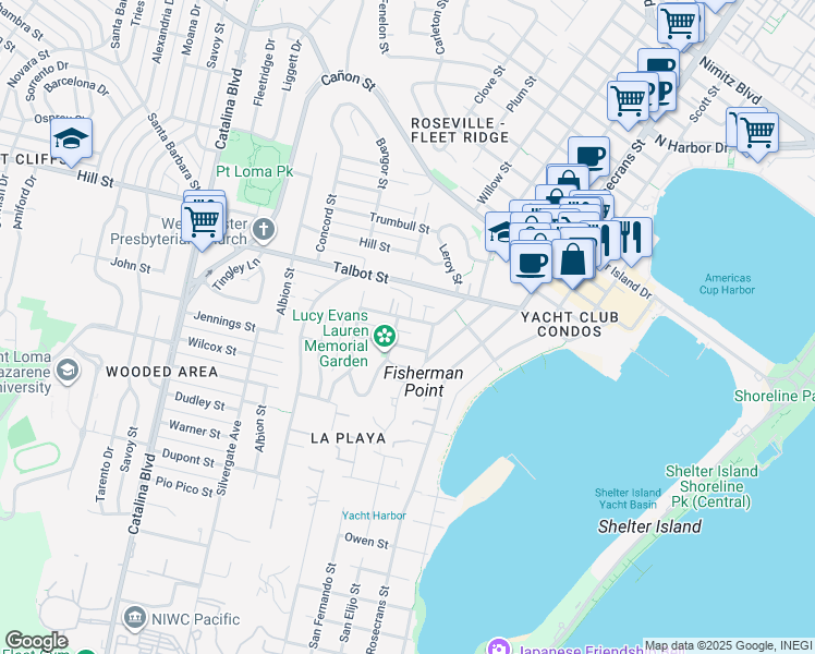 map of restaurants, bars, coffee shops, grocery stores, and more near 3243 Harbor View Drive in San Diego