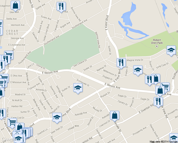 map of restaurants, bars, coffee shops, grocery stores, and more near 2110 Dugald Place in Dallas